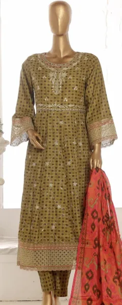 Pakistani Original Bin Saeed luxury Stitched Cotton Embroidered Gown 3 Pcs _ Dark Olive 
